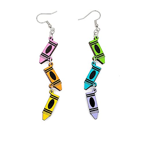 Cute Dangling Crayon Teachers Earrings for Women Handmade Funny Pencil Book Wood Drop Dangle Earrings Rainbow Lightweight Acrylic Reading Earrings Gifts