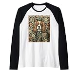 Elegante Blenheim Cavalier King Charles Spaniel vestito per la sera in abiti vintage, ambientato in un libro di fiabe disegno floreale ispirato a William Morris.