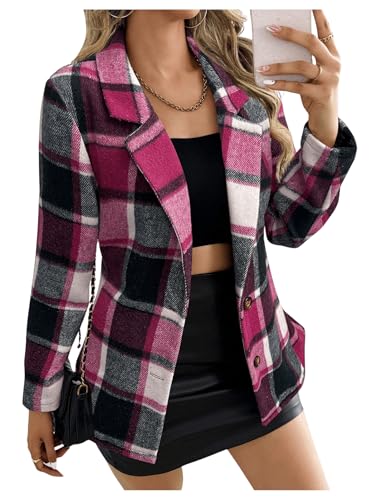 MakeMeChic Women's Plaid Long Sleeve Overcoat Lapel Button Work Office Coat Outerwear