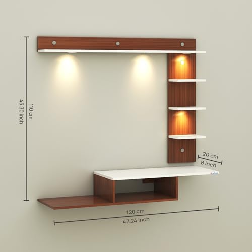 Anikaa Wintor Engineered Wood Wall Mounted TV Unit with 4 LED Lights, 3 Open Shelves, 1 Storage Box & Decorative Display Shelf for Living Room | Ideal for Upto 43 Inch TV- Walnut/White(DIY Assembly) view 2