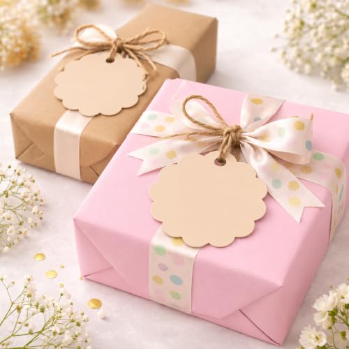Image of CVANU Premium Gift Tags (60 Pcs) - 3 Designs Blank Hanging Tags with Pre-Punched Holes & Golden String for DIY Crafts| Gift Wrapping| Small Business & Labelling (Cream2)