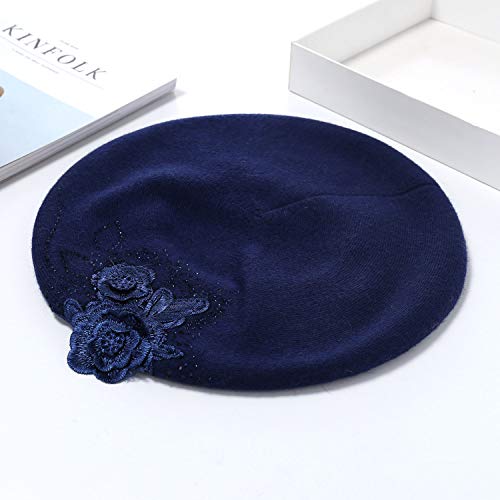 Mosnow Beret Hat For Women Winter Embroidered French Style Beret Beanie Cap Blend Yarn Artist Hat With Rhinestone (Light Gray-Three Flowers) #TOP6