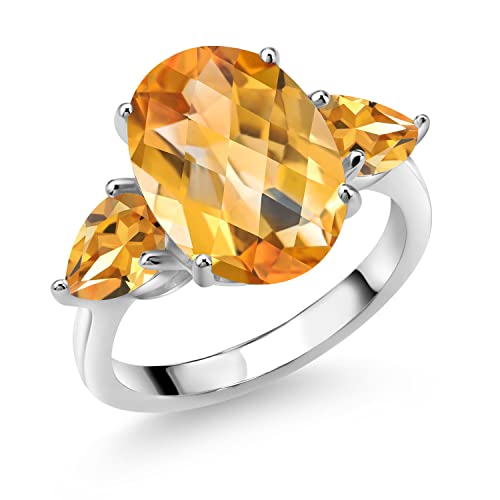 Gem Stone King 925 Sterling Silver Yellow Citrine Ring For Women (7.41 Cttw, 14X10MM Oval Checkerboard and 7X5MM Pear Shape, Gemstone November Birthstone, Size 5)