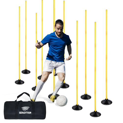 SEAOTTER 6ft Soccer Agility Poles Set, 10 Pcs Detachable Sports Trainning Speed Poles Slalom Poles with Rubber Base, Sport Agility Training Equipment for Football, Rugby, Basketball, Indoor & Outdoor