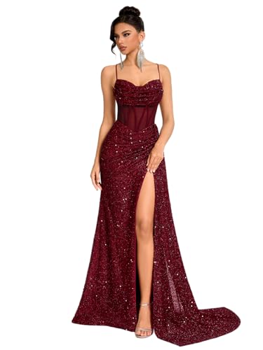 Elegant Cocktail Formal Dresses for Women Sequin Tulle Wedding Guest Party Evening Gown Sexy Backless Floor Length Prom Dress Burgundy-S