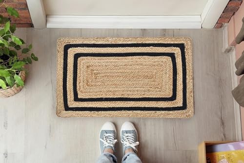 Image of Handmade Natural Jute Cotton Natural Fibers Floor /Door Mat Rugs Furnish Decor Striped Rectangular Design Carpet for Bedroom Living Room (JUTE008, 2x3-Runner)