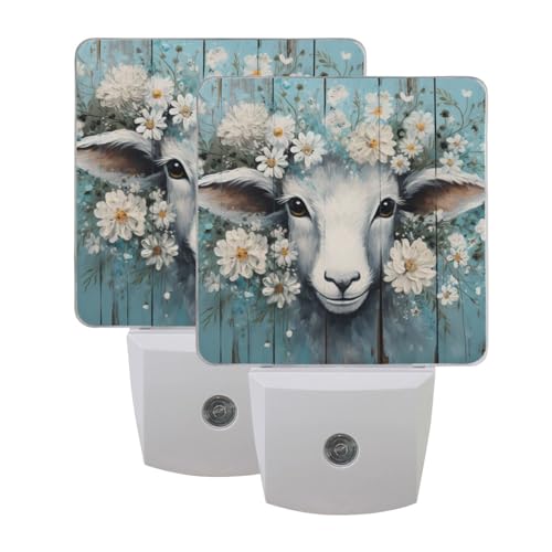 Image of Flower Sheep Wooden Night Lights 2 Pack Plug-in Wall Led Nightlight Auto Dusk-to-Dawn Sensor Lamps for Bedroom Kitchen Bathroom