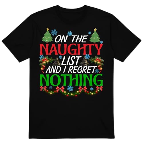 PB TECH Funny Christmas Family T-Shirt - On Naughty List and I Regret Nothing Santa Christmas T-Shirt Funny Santa Shirt for Women and Men Unisex (UK Alpha XL Regular Regular Black)