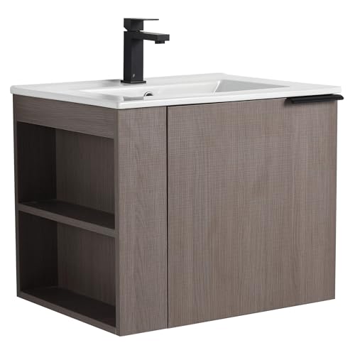 Fine Fixtures 24 Inch Elmridge Modern Bathroom Vanity with White Ceramic Sink, Gray Oak - Bathroom Storage Cabinet with Open Left Shelves, Vanity Cabinet for Bathroom Organizers and Storage