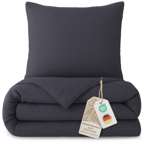 LAYNENBURG Premium Musselin Bettwäsche 155x220 cm + 80x80 cm - Oeko-Tex 100% Baumwolle atmungsaktiv & bügelfrei 3 lagiges Musselin mit Reißverschluss & Haltebändern (anthrazit)