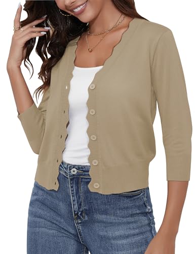 Image of Women's Cropped Cardigans 3 /4 Sleeve Button Down Lightweight Cardigan Sweaters Scalloped Edged Bolero Shrugs