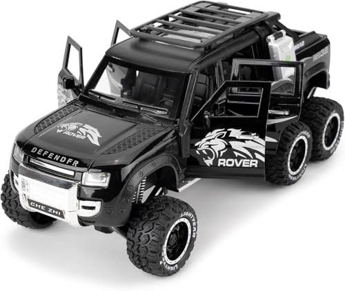 Image of 1:24 Land Rover Defender Six Wheels Off-Road Pickup Car Model, Pull Back Diecast Truck Collectible with Sounds & Lights, Gift for Kids, Boys, Girls, and Adults (Black)