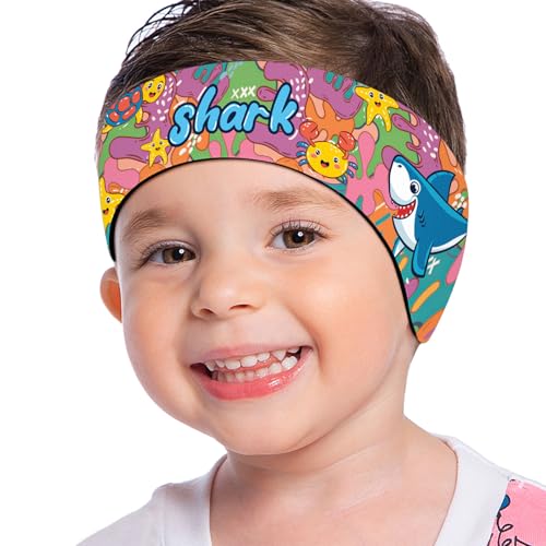 MoKo Banda de Natación Protector de Oídos, Diadema Impermeable Ajustable Elástica Mantenga Tapones, Banda de Neopreno del Pelo de Oreja de Natación para Niño, M, Tiburón Grafitero