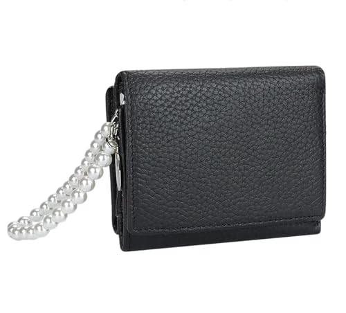 Genuine Real Leather Trifold Wallet with Coin purse for Women, ID Card Holder Case With Pearl Beads Hand Strap - Black