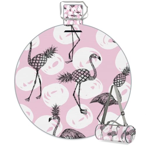 Shimoshe Pineapple Flamingo Picnic Outdoor Blanket Foldable Waterproof Sandproof Beach Blanket Portable Water-Resistant Round Picnic Mat for Travel Camping Park Lawn (Flamingo)