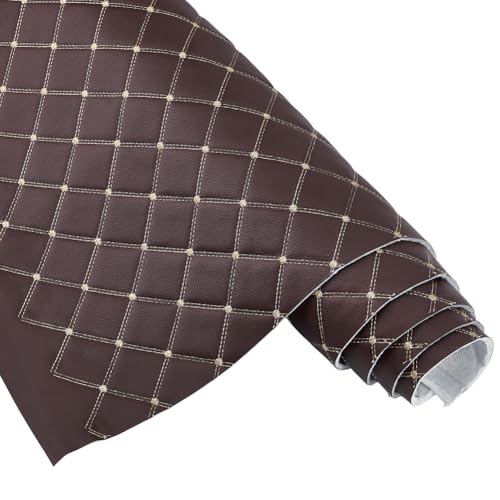 MAYJOYDIY 2.1 Yards Quilted Foam Fabric Faux Leather Fabric 61 inch Diamonds Pattern Leather Fabrics with Brown Stitch for Car Automotive Interior Furniture Upholstery (Brown)