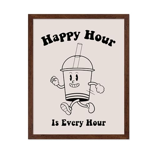 Poster Master Happy Hour Is Every Hour Poster - Retro Cocktail Print - Alcohol Art - Funky Design - Black Preppy Artwork - Bar Cart & Trendy Print - Kitchen or Restaurant Decor - 16x20 Brown Framed