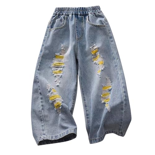 Boys' Wide Leg Ripped Jeans 𝐕intage Straight Leg Loose Elastic Waist Casual Long Denim Pants with Pockets