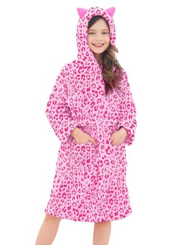 Doctor Unicorn Girls Leopard Cat Robe Kids Fleece Warm Hooded Bathrobe Rose - 4-5 Years