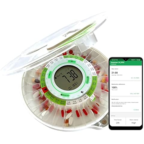 DoseControl Smart Medication Dispenser with Charger, Monitored via Android App, Transparent Lid, English Dosage Rings, 9 Alarms, E-mail Notifications Cover