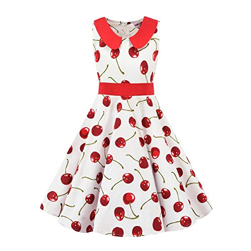Girls Sleeveless Summer White Swing 50s Vintage Casual Cherry Flower Dresses Retro Collar Tea Party Dress 3 4 Years