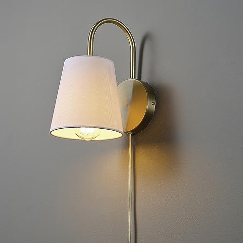 Image of Globe Electric 65000053 1-Light Hardwire or Plug-in Wall Sconce, Matte Brass, White Textured Shade, Arched Arm, Lighting, Home Decor, Lights for Bedroom Plug in