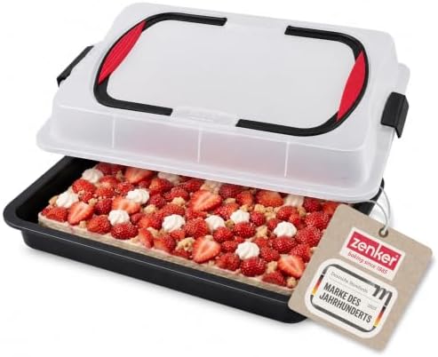 Zenker Blechkuchen-Container to go, Backblech mit Transport-Abdeckung für unterwegs, Backform antihaft mit Deckel und Softgriffen (Kuchenform: ca.425x295x75 mm), Menge: 1 Stück