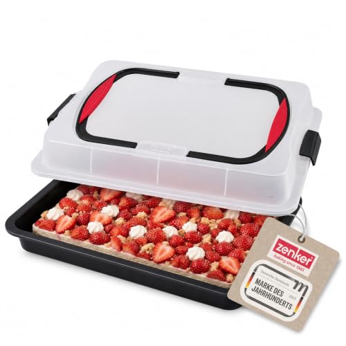 Zenker Blechkuchen-Container to go Backblech mit Transport-Abdeckung für unterwegs Backform antihaft mit Deckel und Softgriffen (Kuchenform: ca.425x295x75 mm) Menge: 1 Stück