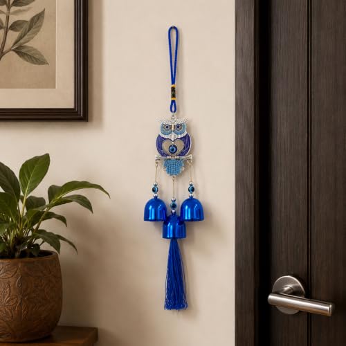 Image of eCraftIndia Blue Evil Eye Owl Wind Chime for Home Entrance Decor | Hanging Bell with Tassel & Nazar Protection Charm | Decorative Wall & Door Hanging for Home, Office & Balcony