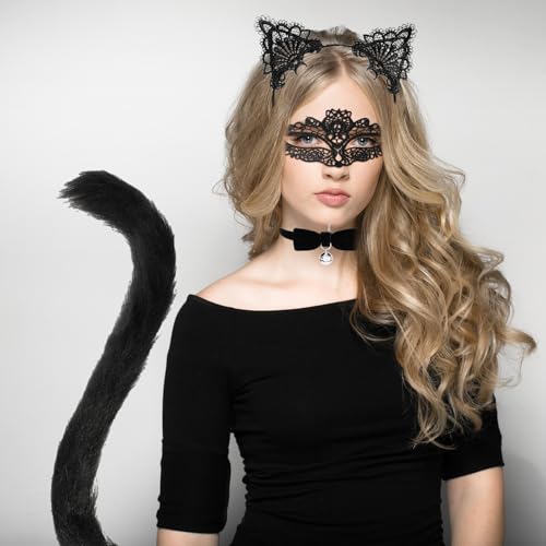 HOWAF Katzenkostüm Damen, Katzenohren Haarreif, Katzen Ohren Haarreif Katze Cat Ears, Katzenschwanz, Halskette, Maske, Handschuhe für Katze Kostüm Damen, Halloween Fasching Karneval Kostüm