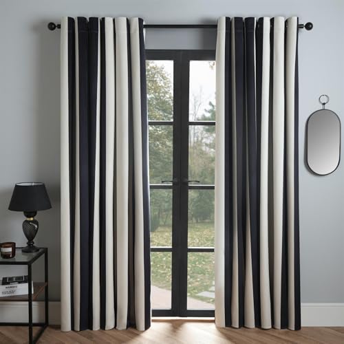 OHS 2 Panel Ultra Blackout Curtains Stripes Print Velvet, Bedroom Curtains Eyelet Ring Top Noise Reducing Thermal Insulated Curtain For Living Room, Monochrome-90x90