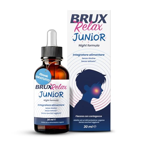 BruxRelax Junior Night Formula, Integratore Alimentare per Sonno Sereno, con Melissa Tiglio Biancospino Passiflora Escolzia e Vitamina B6, Senza Glutine e Lattosio, Gocce 30ml