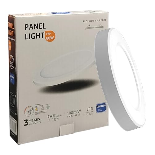 FactorLED Plafón Led Techo Circular Blanco, 6W (60W), 600Lm, Lámpara Empotrable Ajustable, Opción Superficie y Downlight, Luz Blanca seleccionable 3000K 4000K y 6000K, Ø126x18mm (6, Vatios)