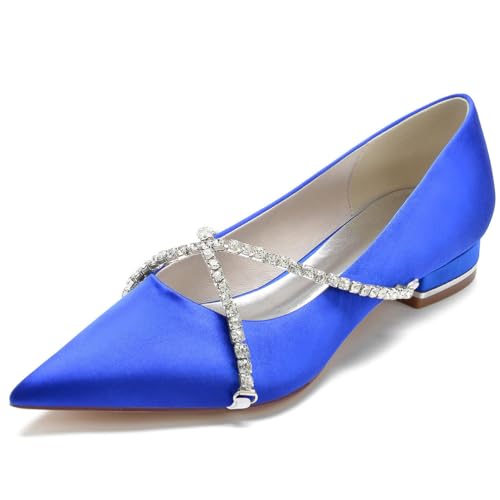 2.5Cm Women's Wedding Shoes Flats Satin Pointed Toe Rhinestone Shoes for Bridal Bridesmaid Prom Party Shoes