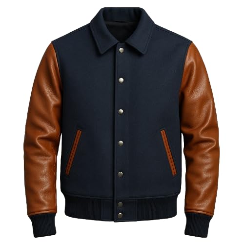 Varsity Baseball Letterman Jacket, blue Wool with brown Leather Sleeves