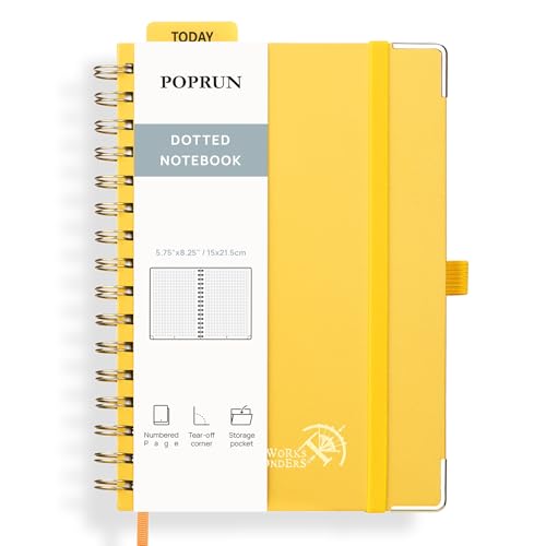 POPRUN Spiral Dotted Journal Notebook, [A5-5.75'' x 8.25''] - 120 GSM Thick Paper, 141 Numbered Pages, Hardcover for Men & Women with Pocket, Index Tabs, 8 Perforated Sheets, Light Yellow