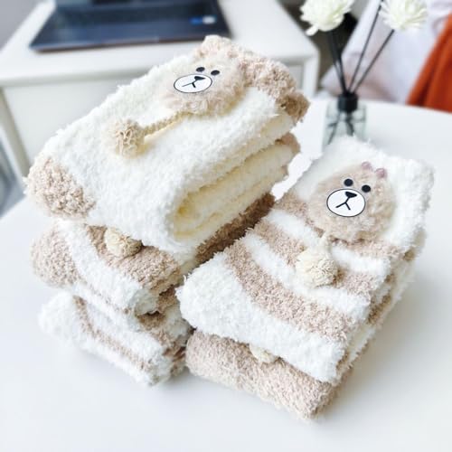 Image of 5 Pairs Fuzzy Socks for Women, Winter Thickening Coral Velvet Cozy Socks, Warm Home Sleeping Socks, Cute Animal Slipper Socks