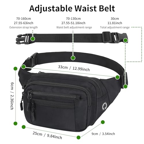 Bauchtasche Gürteltasche Hüfttasche mit Einem 30 cm Verlängerten Gürtel Unisex Modern Umhängetaschen Handytasche für Outdoor Reise Wandern Hundetraining Damen und Herren (Schwarz)