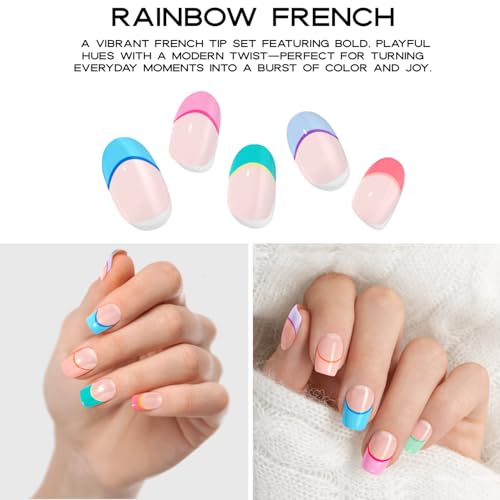 Adora Couture Semi Cured Gel Nail Strips with 20 Pieces, Salon Quality Wraps for Women, UV Gel Stickers, UV Light Required, Rainbow French