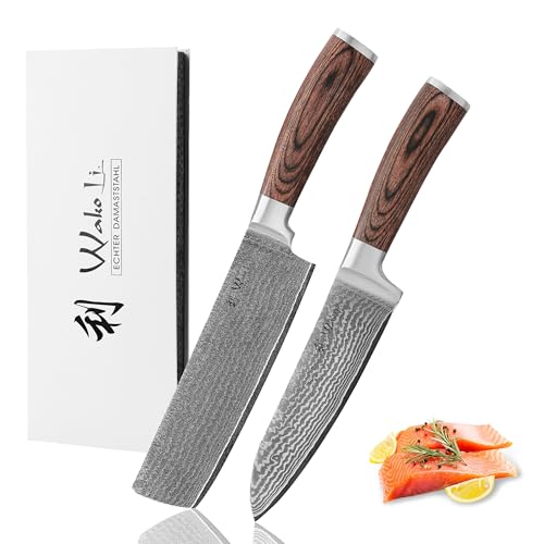 Wakoli EDIB 2-teiliges Damast Küchenmesser Set – Messerset mit Santoku & Nakiri aus echtem Damaststahl (VG10 Kern) – Scharf & ergonomisch – Damastmesser Set mit Pakkaholzgriffen in Geschenkbox