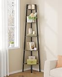 Hoctieon Eckregal, 5-stöckiges Eckbücherregal, rustikales Leiterregal, industrieller Ausstellungsständer für Wohnzimmer, Küche, Home Office, Balkon, kleine Räume, Metallrahmen, Grau