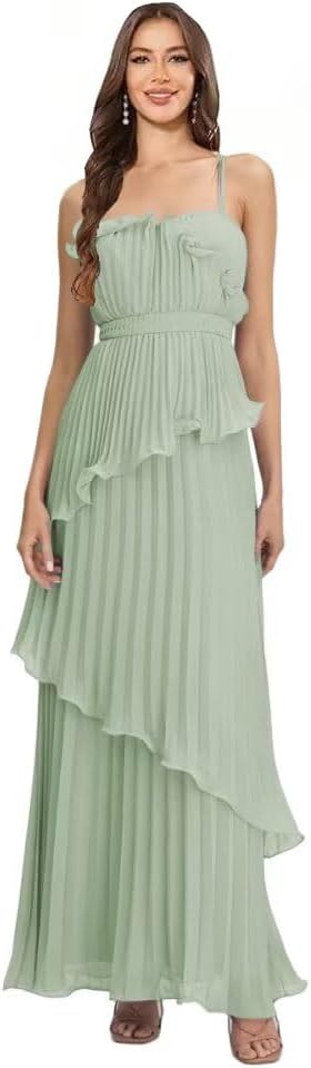 Sage Green Chiffon Ruffles Summer Prom Dresses 2026 Tiered Long Formal Evening Gown Tiered Skirt Princess Spaghetti Straps Bridesmaid Dresses US Size 14