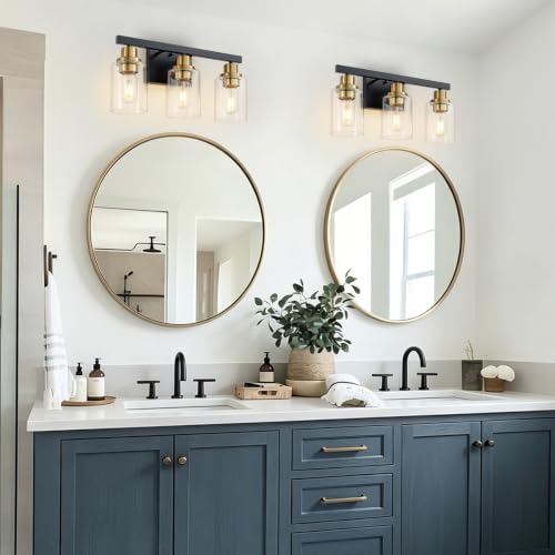 Image of 3-Light Bathroom Light Fixtures,Black and Gold Vanity Lights 17 inch | Modern Wall Sconce Lighting,Vanity Light Over Mirror with Clear Glass Shade,Farmhous Wall Mounted for Bathroom,E26 Base