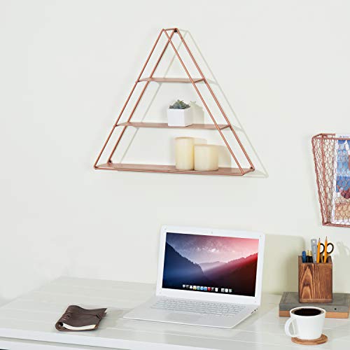 Mygift Wall Mounted Copper-Tone Metal Triangular 3 Tier Decorative Display Shelf For Collectibles And Crystals, Pyramid Shaped Wall Shelf Rack For Bathroom, Living Room, Bedroom #TOP1
