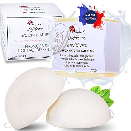 Jabón de Leche de Cabra y Sal Marina - Set de Regalo de Belleza para Mujeres y Hombres : Mascarilla de Cuidado Facial + Esponja Konjac x2. Tratamiento eficaz contra el acné, anti puntos negros