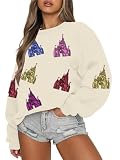 ECYJIO Magic Kingdom Sweatshirt for Women Magical Sweatshirts Colorful Castle Sequins Sweater Vacation Long Sleeve Tops Apricot