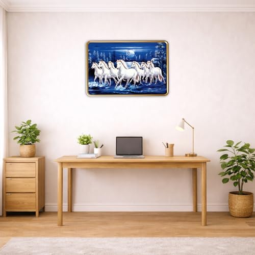 Image of XOPY Seven Running Horses with Golden Frame | Vastu 7 horses Raw Pyrite Painting for Home, Office & Living Room Wall Decore | 12X18 Inch Sparkle Laminated Frame | Best For Gifting (3068, 12X18)