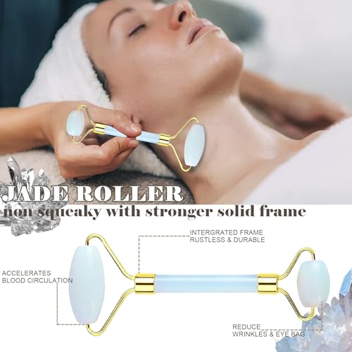 Werncy Jade roller and gua sha, facial roller, women's skincare tool, self-care gift, face, eye, neck massager, relieves fine lines and wrinkles, aventurine, opal, rose quartz 4-Piece