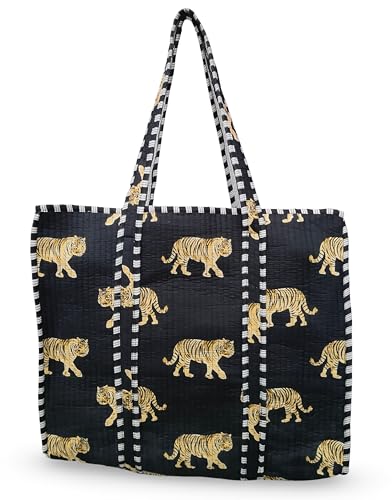 Image of Cotton Tiger Block Print Tote Bag, Indian Handmade Shopping Shoulder Bag, Unisex Market Daily Use