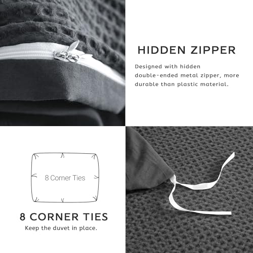 SE SOFTEXLY Waffle Duvet Cover King, 100% Cotton Waffle Weave Bedding Duvet Cover Set, Soft and Breathable Comforter Cover for All Season, 3 Pieces Including Pillow Shams(Dark Grey, 104”x90”)